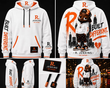 R. Jenkins “Built Different” Premium Embroidered Hoodie (White & Orange Edition)